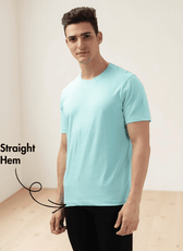 Side view of men's turquoise T-shirt sewing pattern  with straight hem and short sleeves