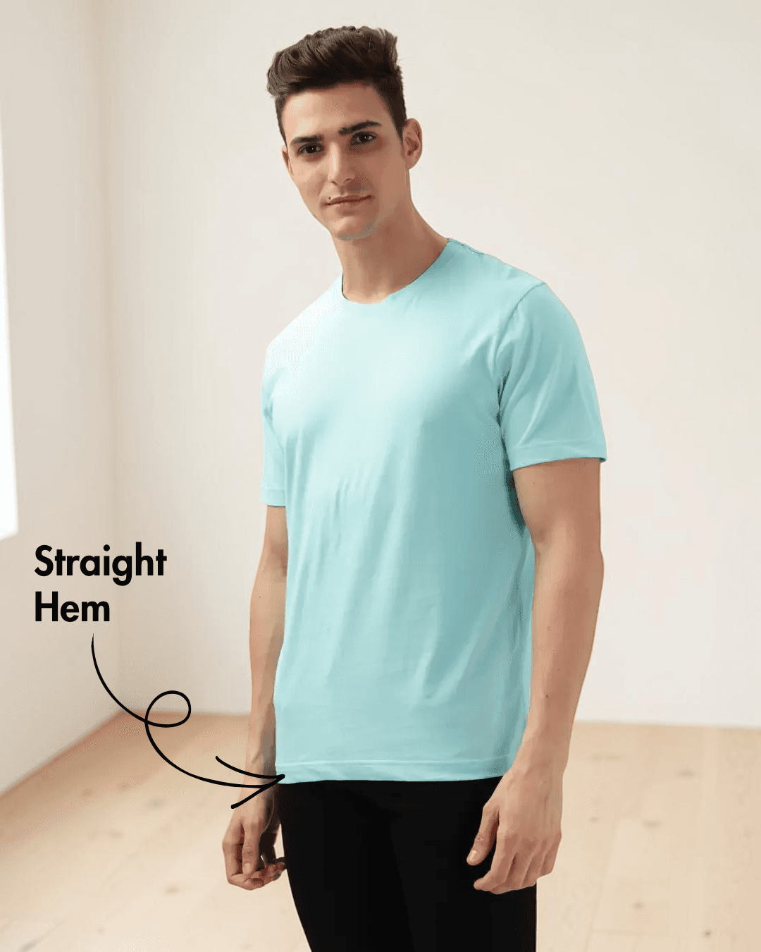 Side view of men's turquoise T-shirt sewing pattern  with straight hem and short sleeves
