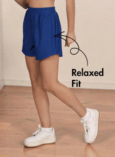 Close-up of women's blue athletic shorts showing pattern details and fit