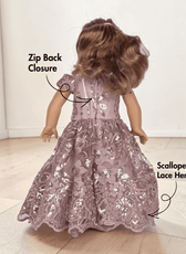 Back view of doll princess gown with zip closure and lace hem for 18-inch dolls