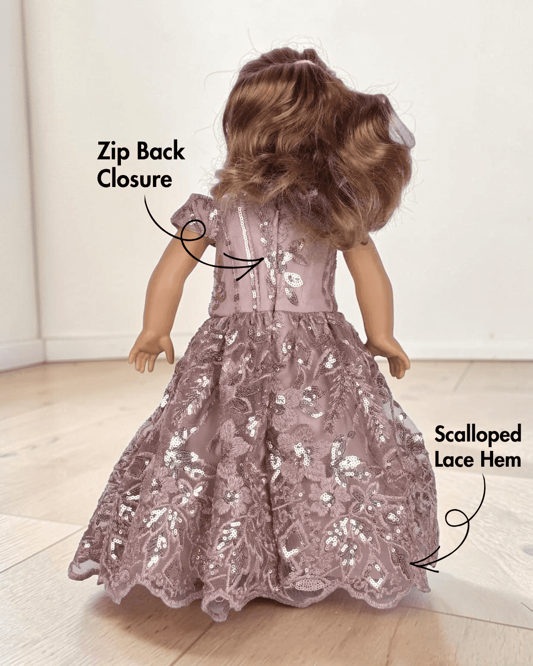 Back view of doll princess gown with zip closure and lace hem for 18-inch dolls