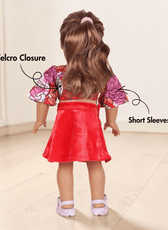 Doll wearing 70s vintage crop top and flared skirt with sewing pattern icons back view