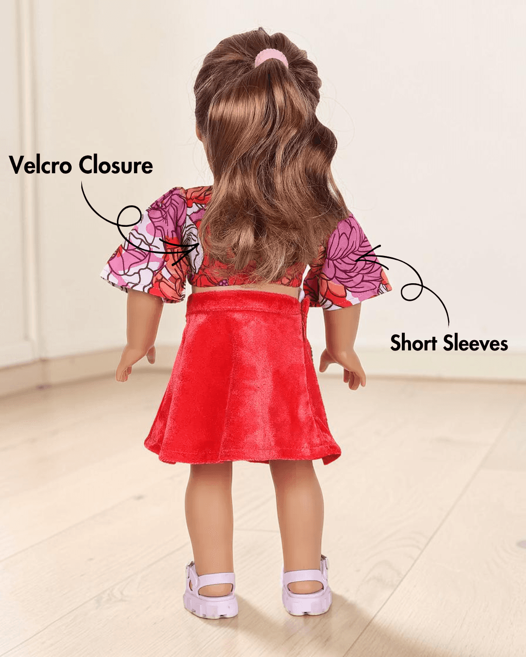 Doll wearing 70s vintage crop top and flared skirt with sewing pattern icons back view