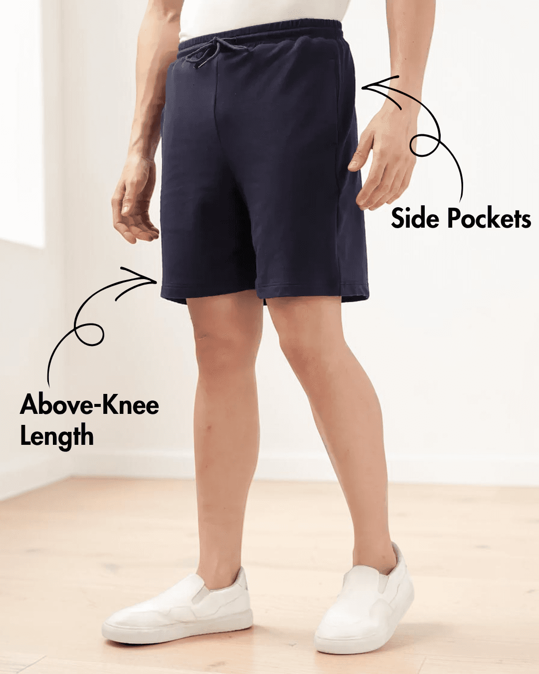 Side view of men's athletic shorts sewing pattern with back patch pocket and above-knee length
