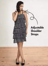 Close-up of square neckline and adjustable shoulder straps on tiered frill dress pattern