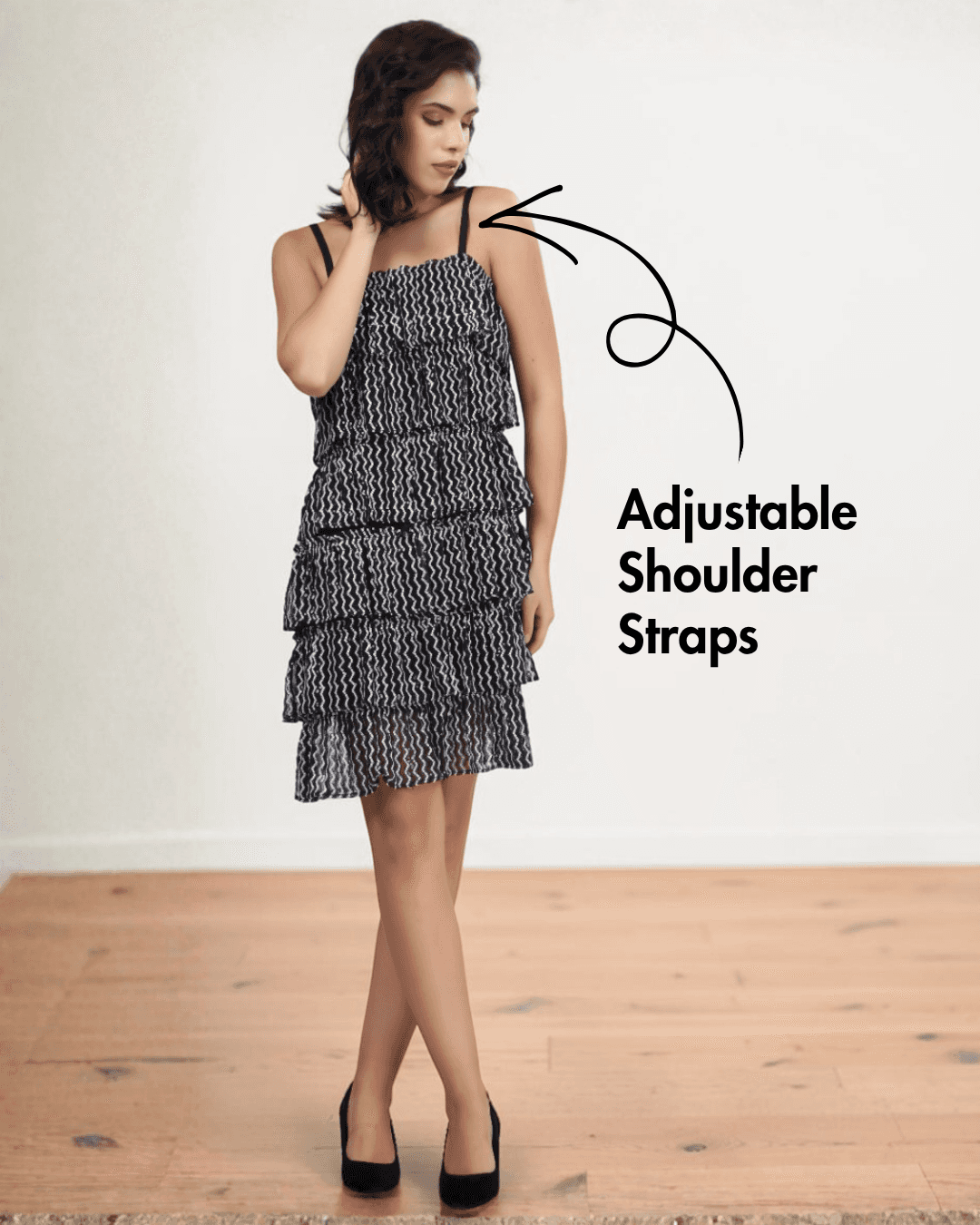 Close-up of square neckline and adjustable shoulder straps on tiered frill dress pattern