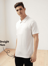 Side view of men's white polo shirt with straight hem, casual fit, sewing pattern details