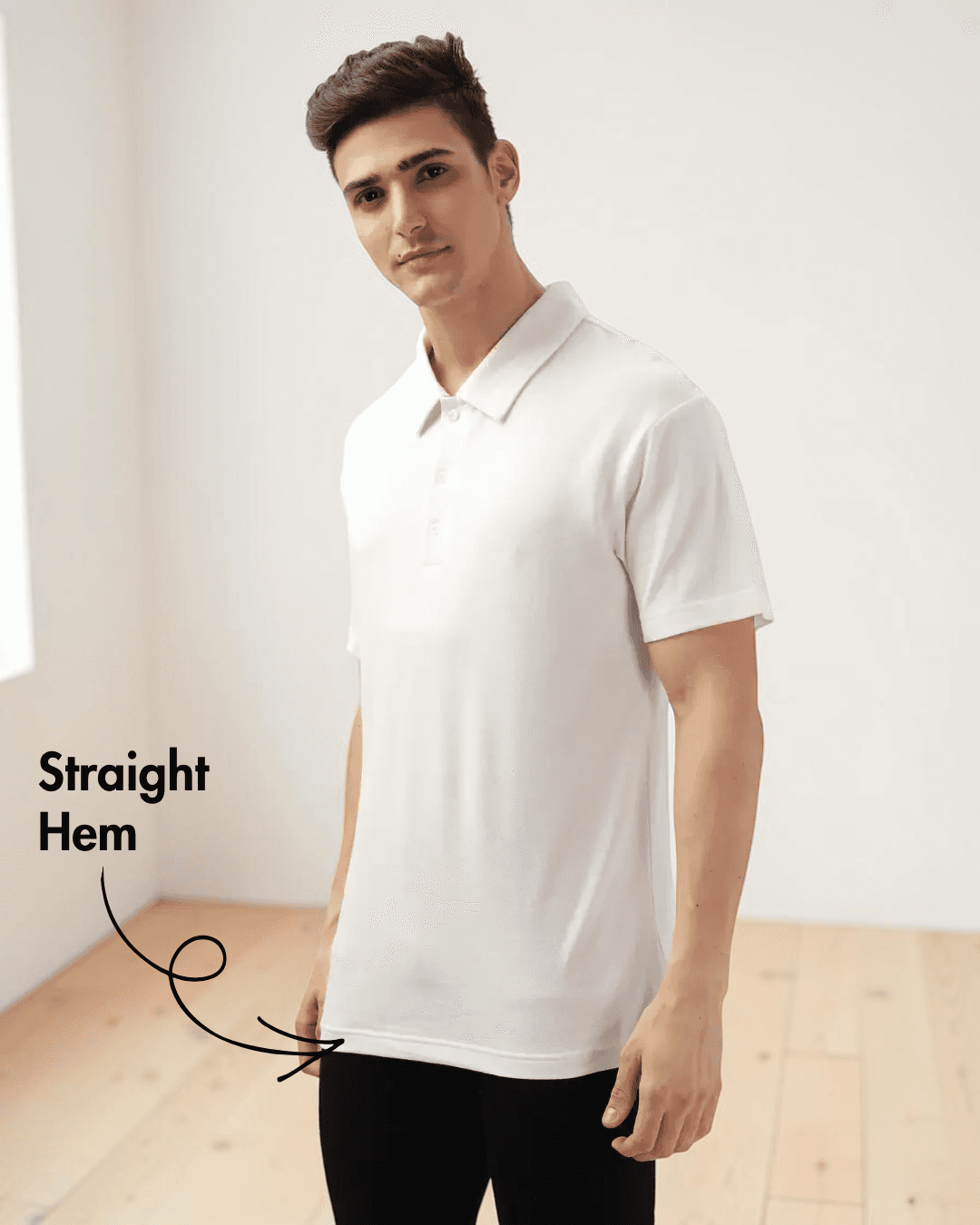 Side view of men's white polo shirt with straight hem, casual fit, sewing pattern details