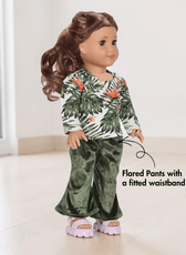 Doll with floral top and velvet flared pants sewing pattern side view