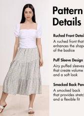 Pattern details for women's puff sleeves ruched top sewing pattern 'Sallie', includes PDF, layered, and detailed instructions