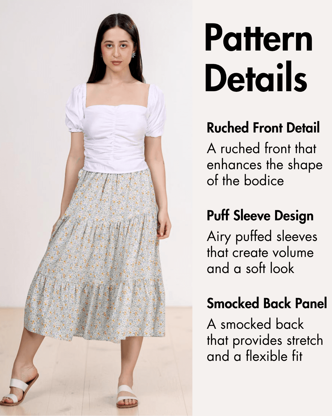 Pattern details for women's puff sleeves ruched top sewing pattern 'Sallie', includes PDF, layered, and detailed instructions