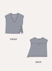 V Neck Relaxed Fit Top sewing pattern front and back views with side slit and eyelet detail