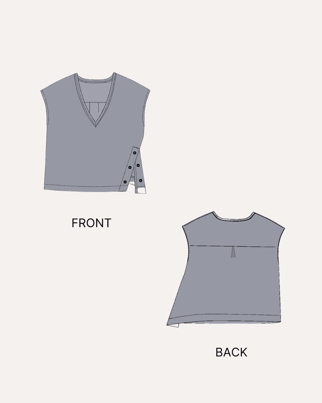 V Neck Relaxed Fit Top sewing pattern front and back views with side slit and eyelet detail