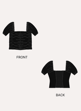 Front and back views of women's puff sleeves ruched top 'Sallie' sewing pattern with structured square neckline and elasticated puff sleeves