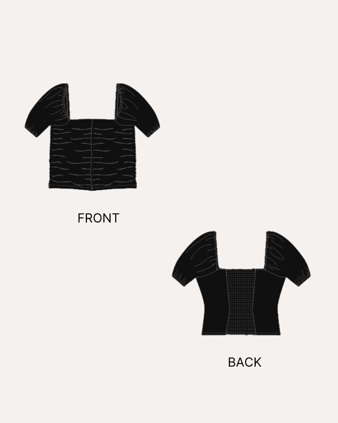 Front and back views of women's puff sleeves ruched top 'Sallie' sewing pattern with structured square neckline and elasticated puff sleeves