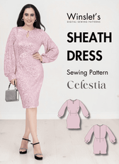 Pink sequin sheath dress with keyhole neckline and long bishop sleeves