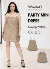 Gold sequin mini dress with spaghetti straps and white trim, front view