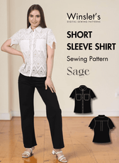 White eyelet short sleeve women's sewing pattern top with point collar and button front