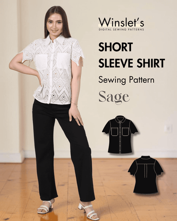 White eyelet short sleeve women's sewing pattern top with point collar and button front