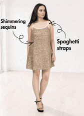 Front view of gold sequin mini dress with spaghetti straps and white trim