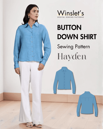 Blue button-down shirt with structured collar and pleated yoke