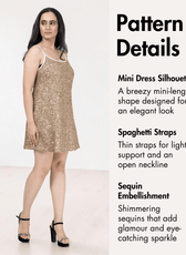 Pattern details of mini dress with spaghetti straps, front view