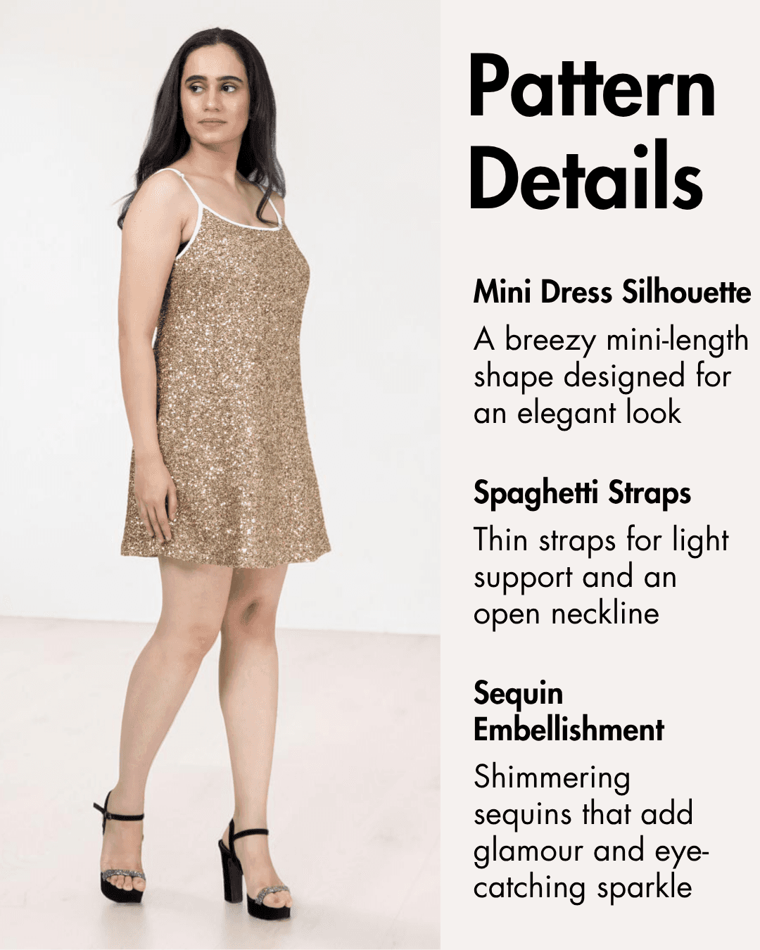 Pattern details of mini dress with spaghetti straps, front view