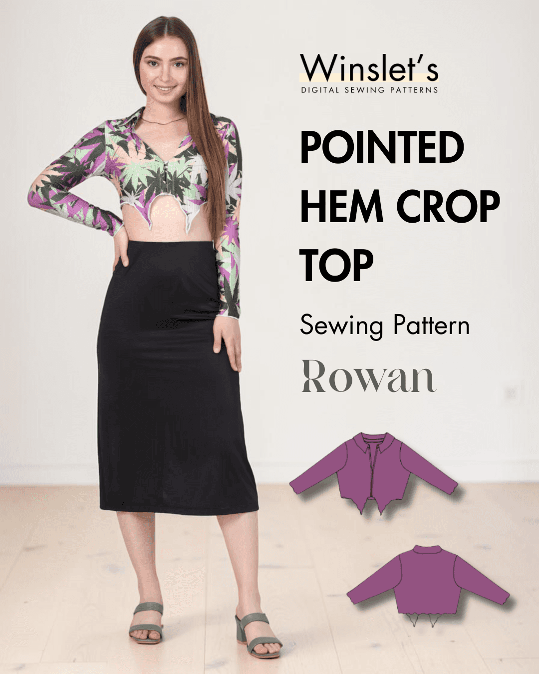 Model wearing pointed hem crop top with long sleeves and collar