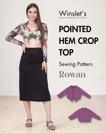 Model wearing pointed hem crop top with long sleeves and collar