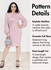 Pink sequin sheath dress with keyhole neckline and dramatic full sleeves