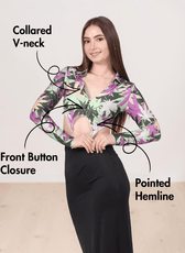 Front view of model in pointed hem crop top with collar and long sleeves