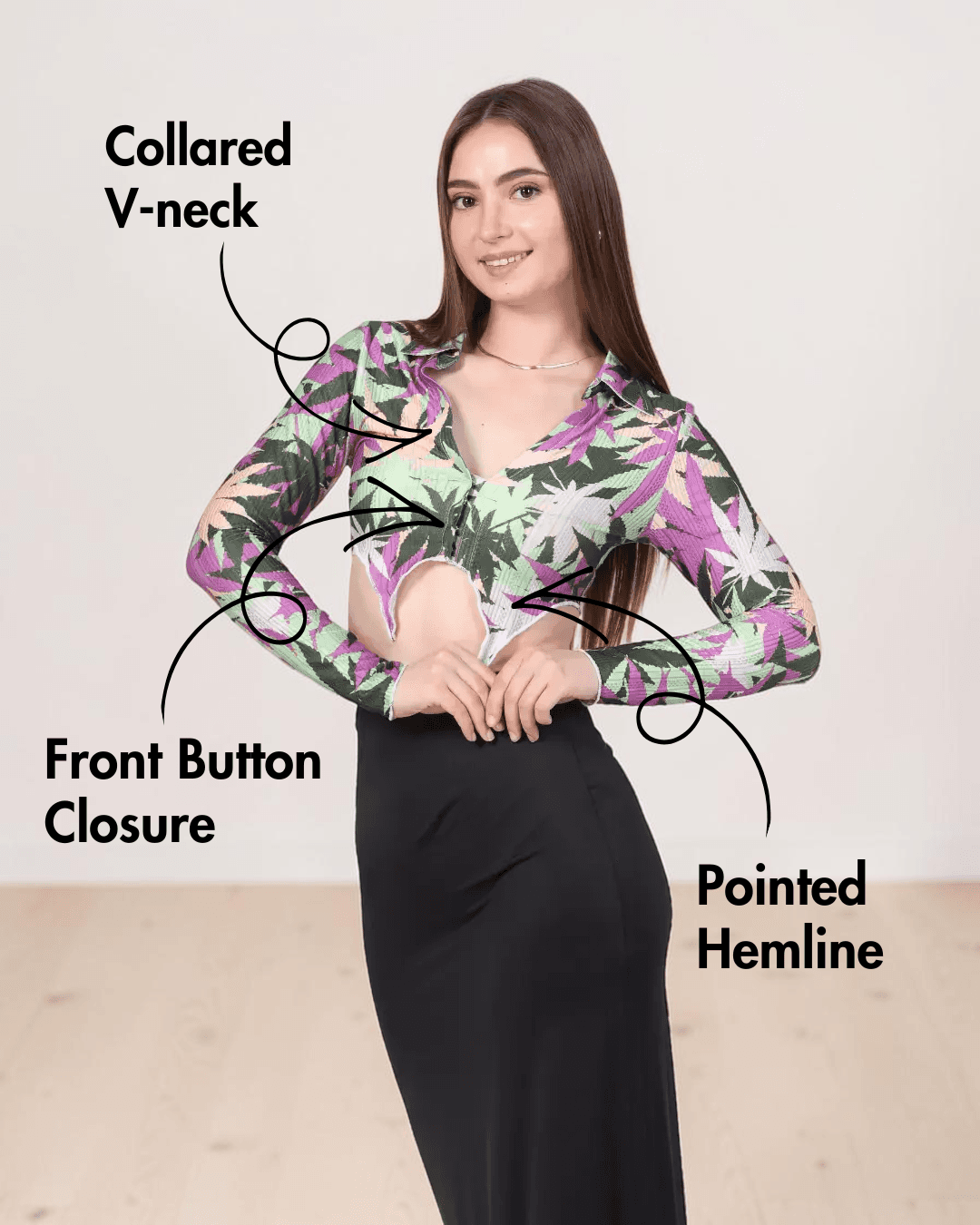 Front view of model in pointed hem crop top with collar and long sleeves