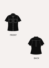 Sewing pattern for women's short sleeve shirt with point collar, button down, scallop sleeve detail, breast pockets, back pleat, woven fabric