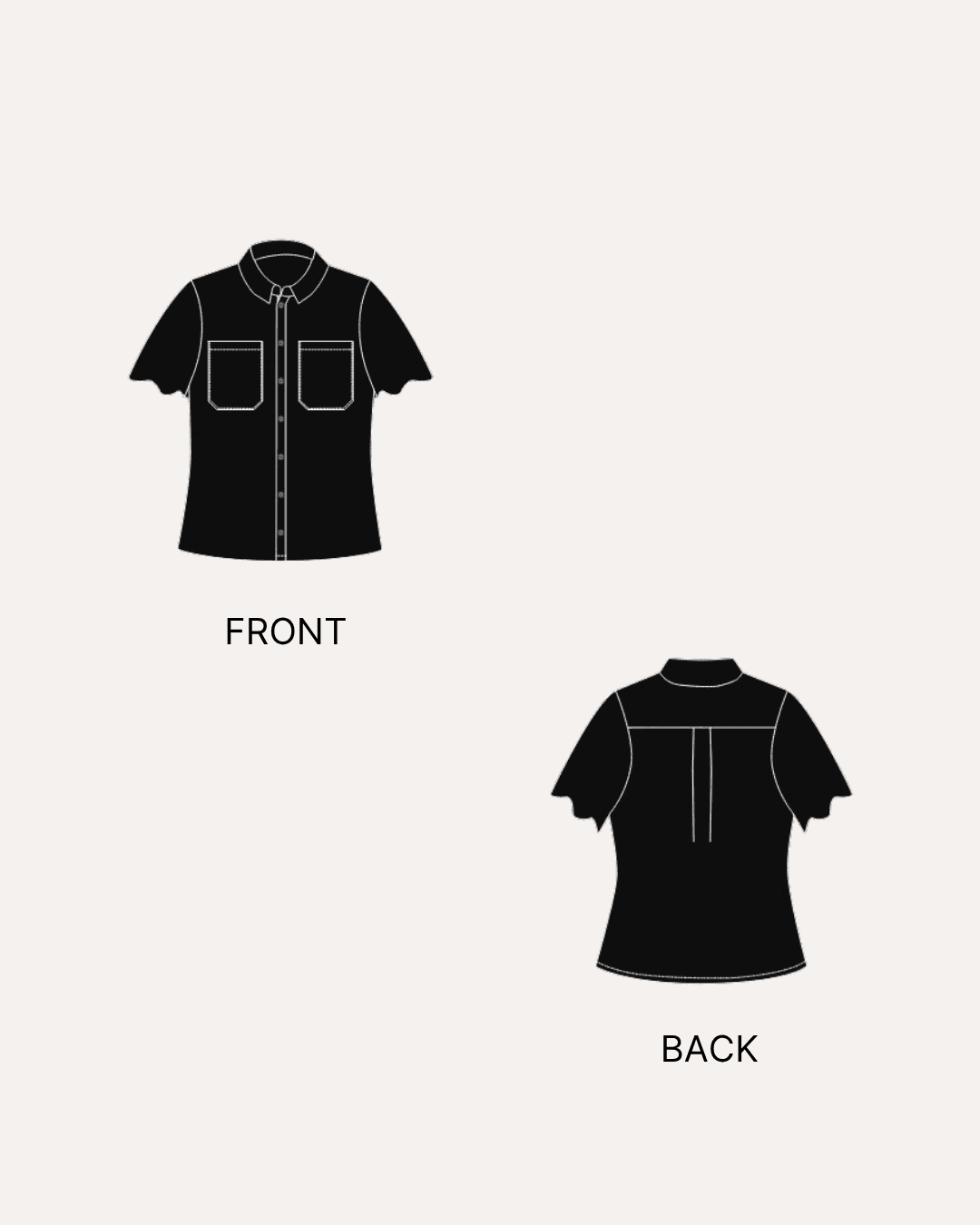 Sewing pattern for women's short sleeve shirt with point collar, button down, scallop sleeve detail, breast pockets, back pleat, woven fabric