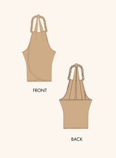Technical illustration of the 'Tulip' braided halter top sewing pattern. Shows front and back views with braided strap and keyhole detail.