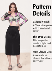 Pattern details of collared V-neck crop top with slim straps and front closure