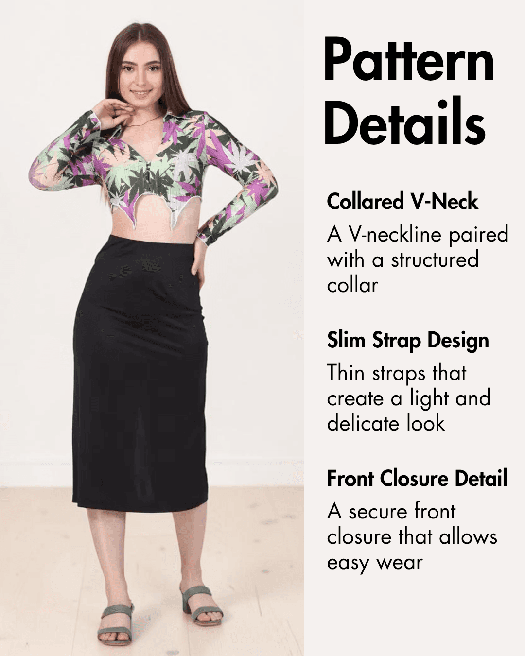 Pattern details of collared V-neck crop top with slim straps and front closure