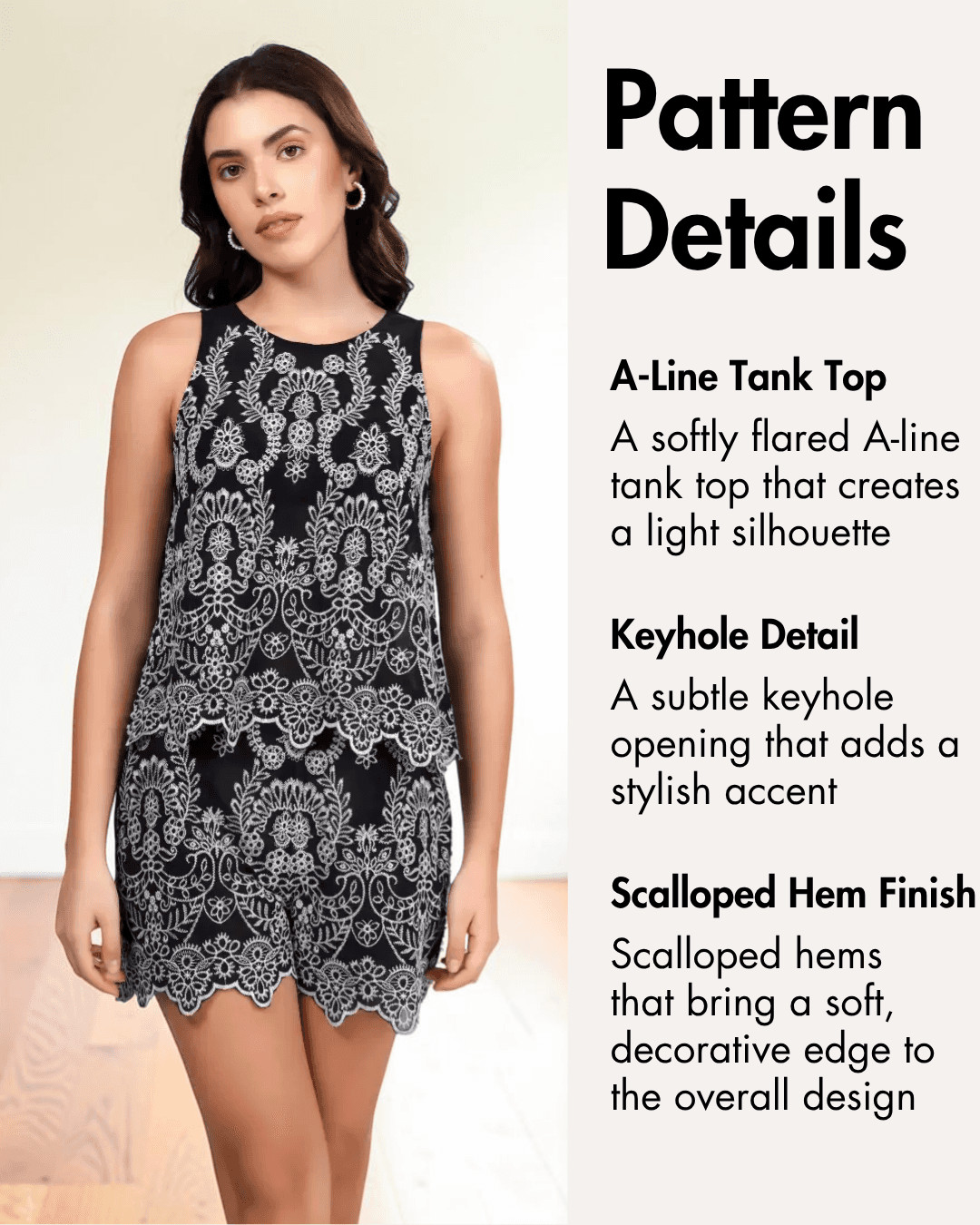 Model wearing black and white embroidered sleeveless top and shorts with keyhole detail