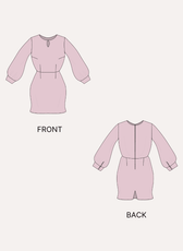Pattern illustration of front and back views of pink sheath dress with long sleeves
