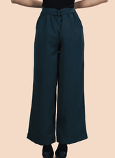 Back view of high-waisted wide-leg trousers with a belted waist. Features a clean hemline and practical side pockets for functionality.
