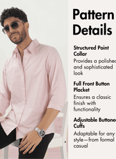 Men's pink striped dress shirt with structured point collar and adjustable cuffs with pattern details