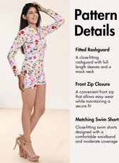 Pattern details for fitted rashguard with mock neck and front zip