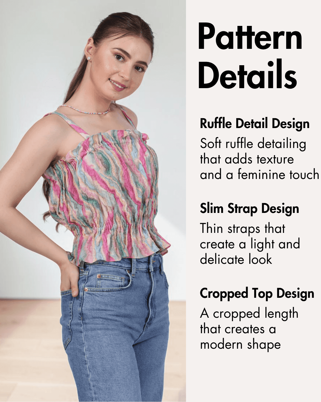 Pattern Details of pink ruffle top pattern details with textured fabric and feminine design