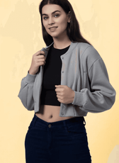 DIY bomber jacket made using the 'Raya' sewing pattern, featuring a cropped silhouette, ribbed collar, and front button closure.