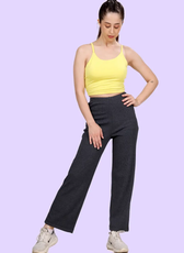 Model wearing high-waisted pull-on pants with a straight-leg cut. A versatile and comfortable sewing pattern for everyday wear.