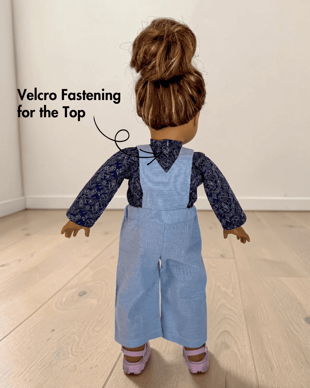 Dolls Brooke dungaree sewing pattern for two-piece outfit, back view