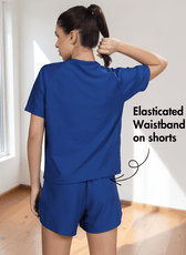Back view of blue activewear set with elasticated waistband shorts