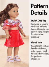 Pattern details for doll's 70s vintage crop top and flared skirt with sewing instructions