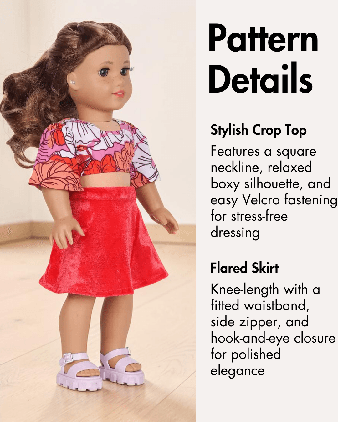 Pattern details for doll's 70s vintage crop top and flared skirt with sewing instructions