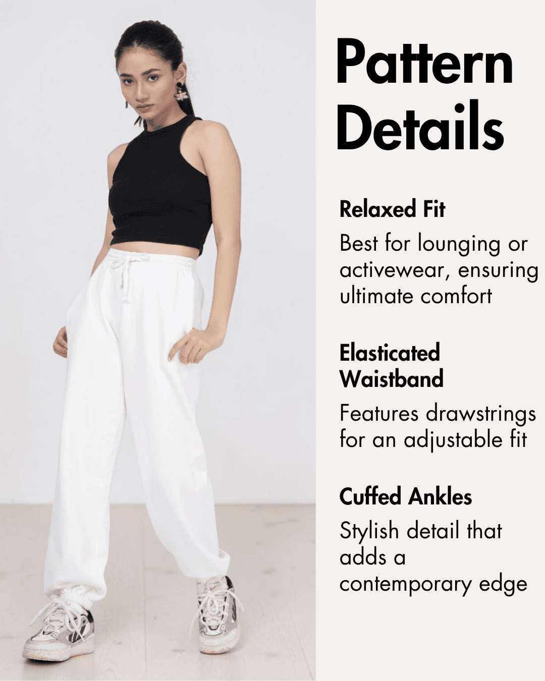 Pattern details for 'Charli' women's joggers sewing pattern, including PDF features and instructions